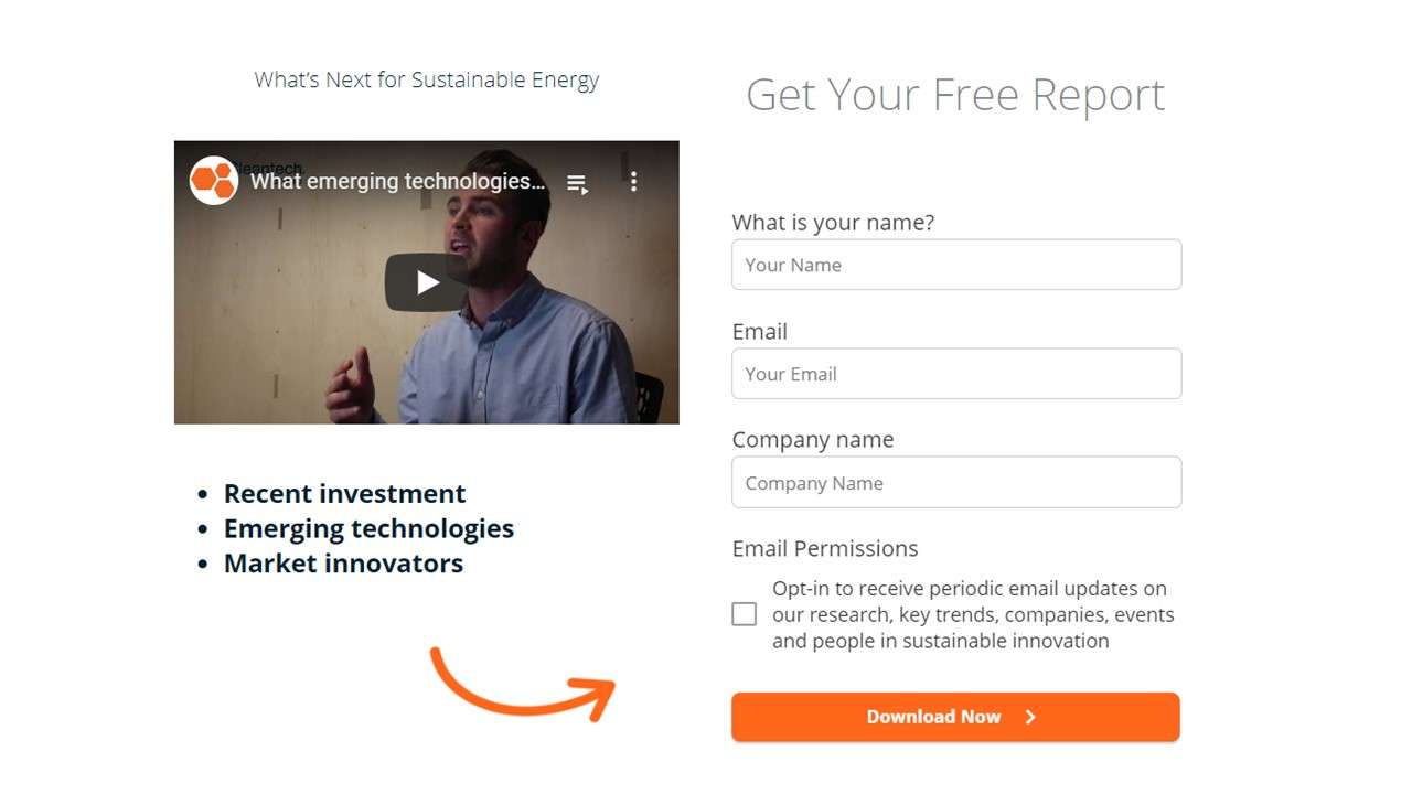 Lead form example of Cleantech group website