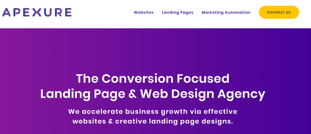 Apexure homepage with bright CTA button to contact page
