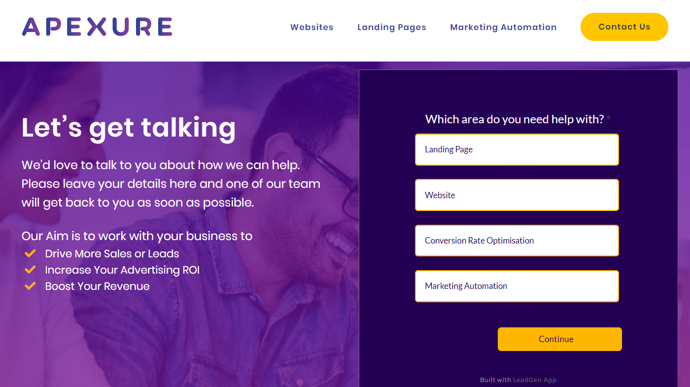 Contact page with B2B lead generation form
