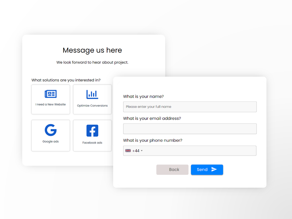 Multi step contact form design with icon buttons