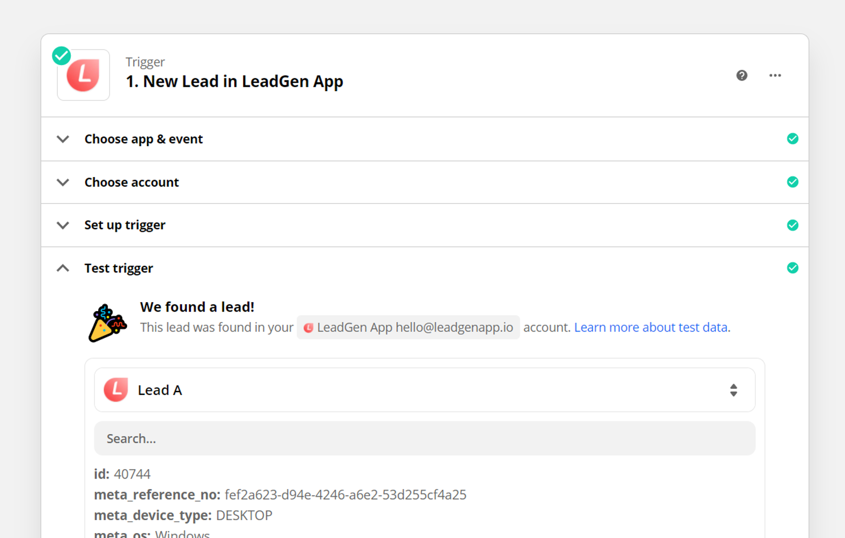 New lead found in LeadGen App Zapier connection New lead found in LeadGen App Zapier connection