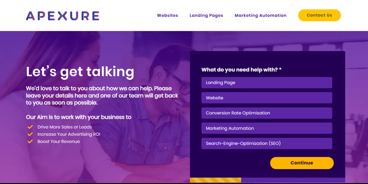 Contact form in multi step style on Apexure website