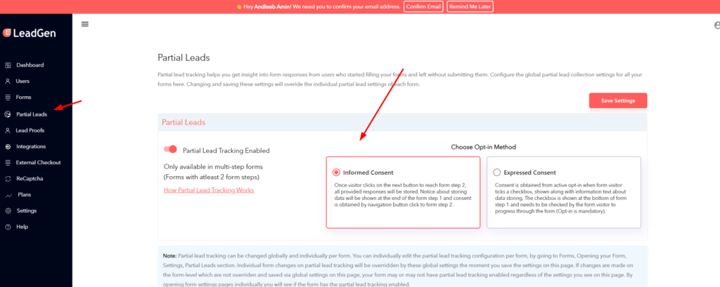Partial leads settings in LeadGen App