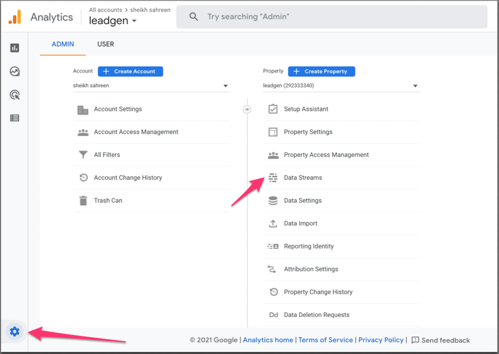 Admin panel and click on Data Streams
