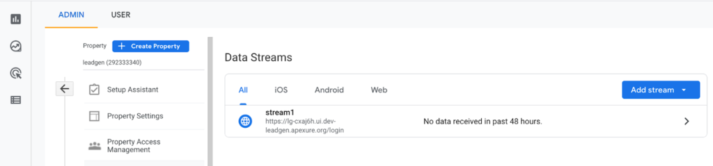 Add stream button to add a Data stream and then get a measurement ID.