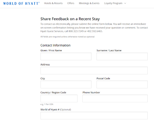 Hyatt's customer feedback form