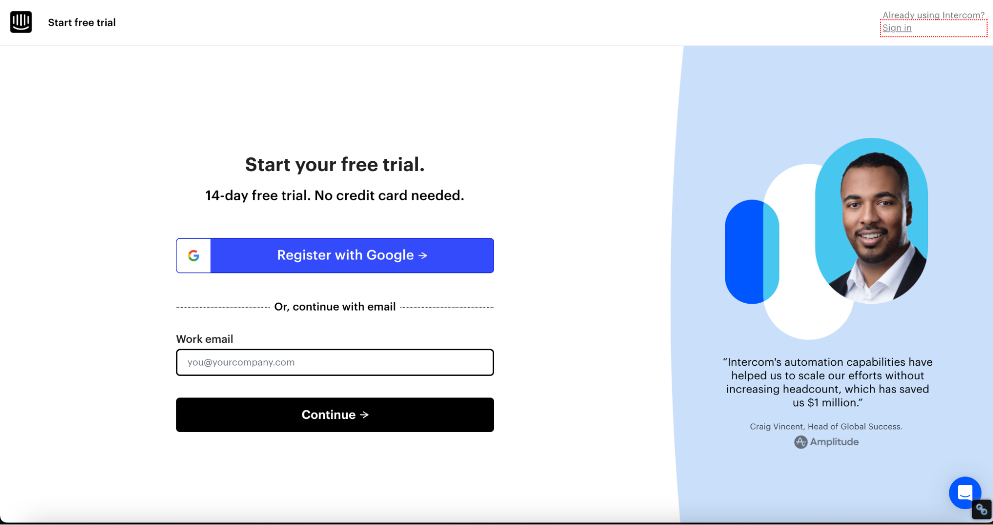 Intercom prominently showcases customer reviews as social proof on its homepage