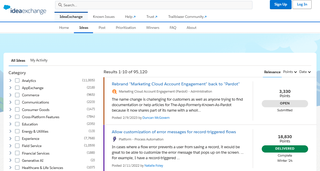 IdeaExchange, a dumping ground for customers where they can suggest new product features.