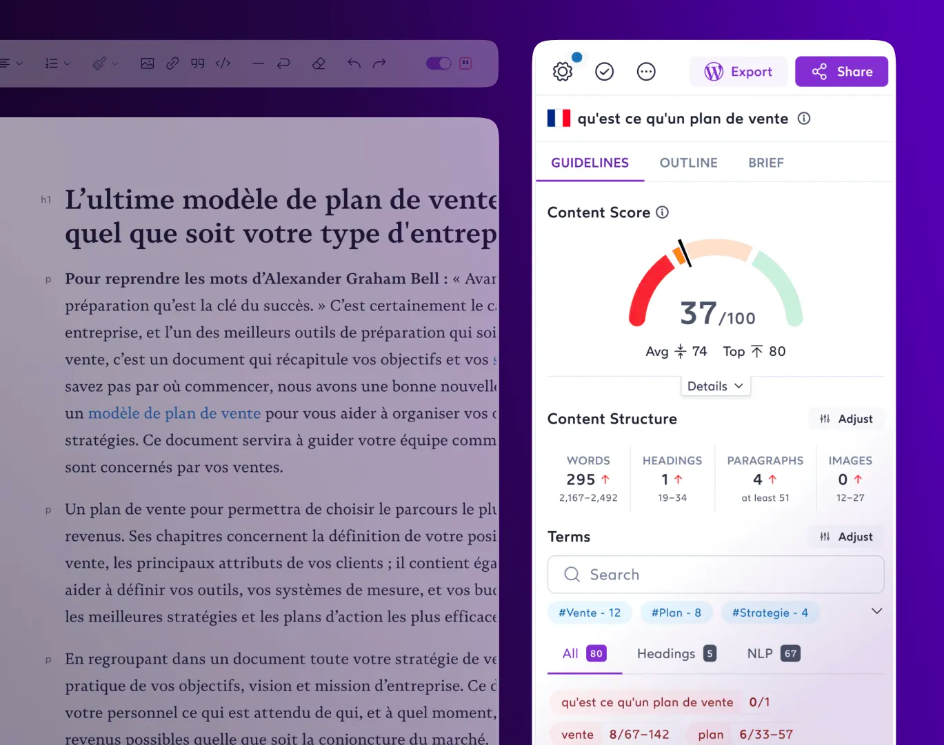 Screenshot of SurferSEO content optimization tool.