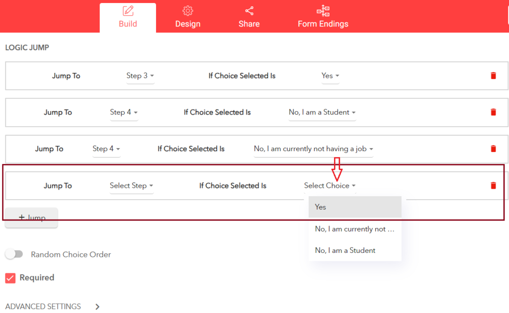 From the dropdown menu, you have to select one of the choices from the current question