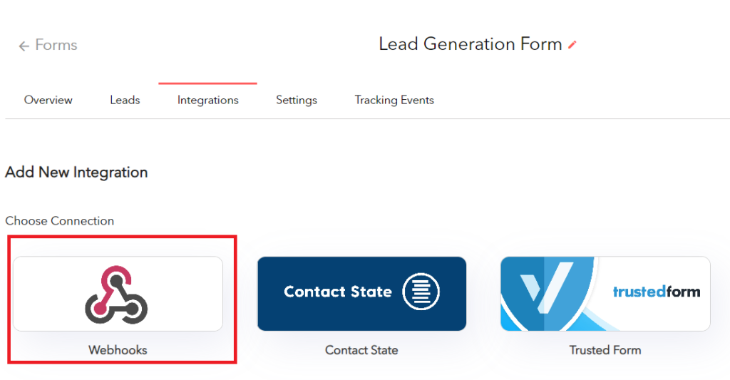Create a new webhook by selecting Webhooks from the list of integrations.