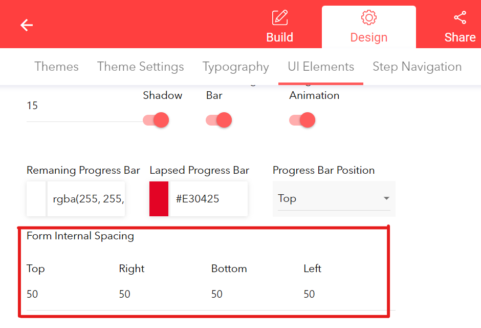 Increasing the values makes the padding larger, while reducing makes it less.