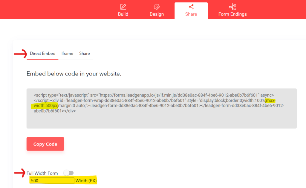 Direct embed code