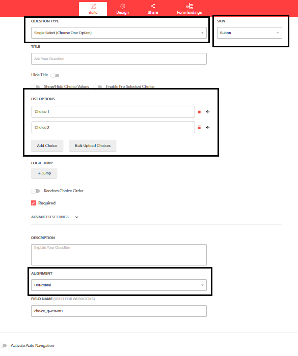 Single select choice option