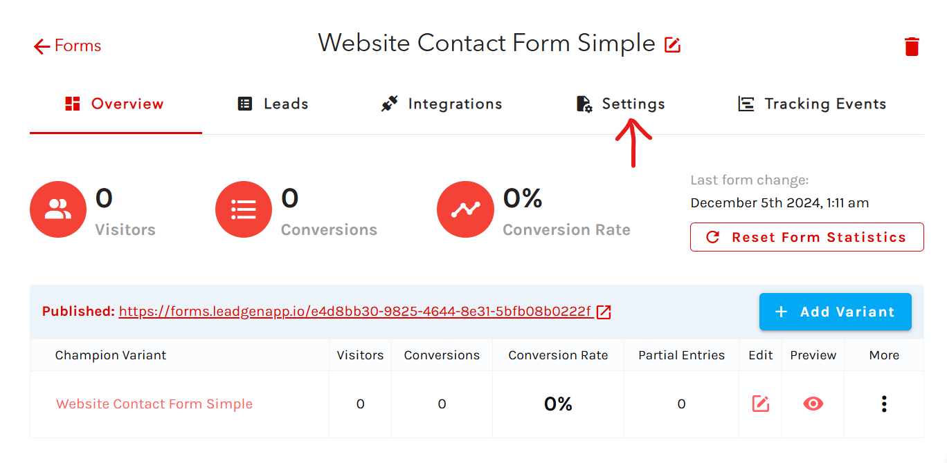 Form overview page and click form settings