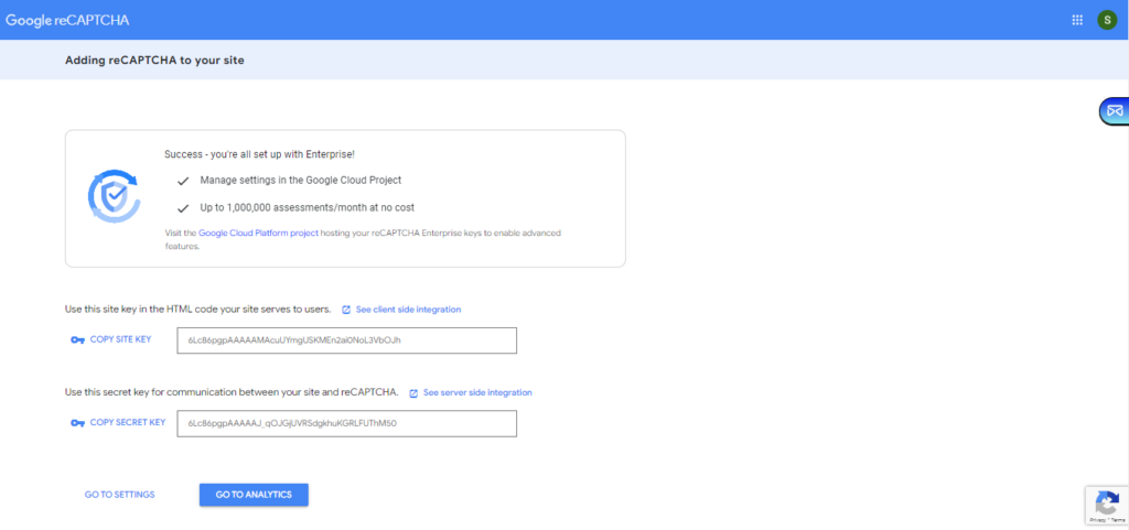 Site key and secret key