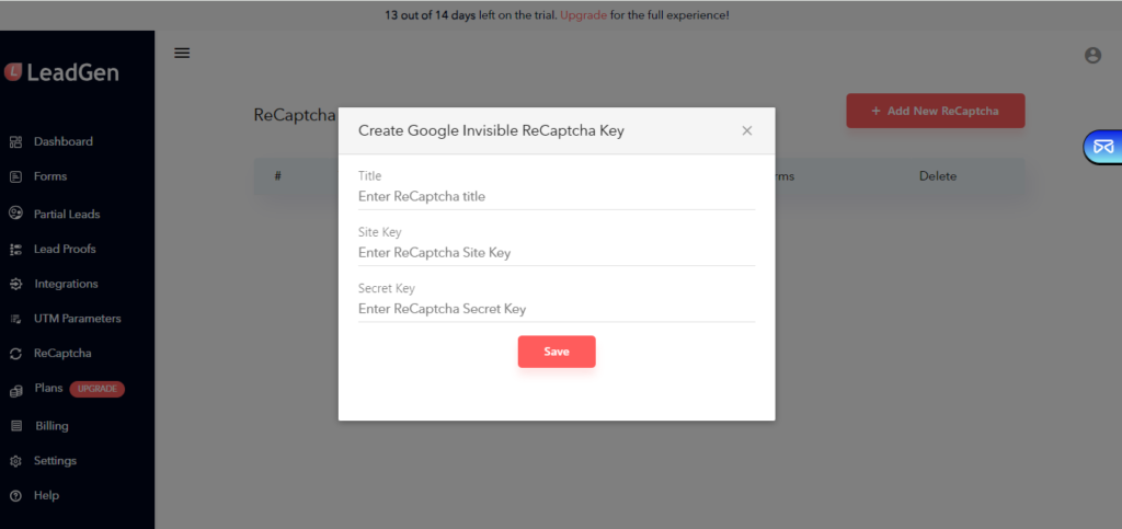Re-CAPTCHA page inside LeadGen App