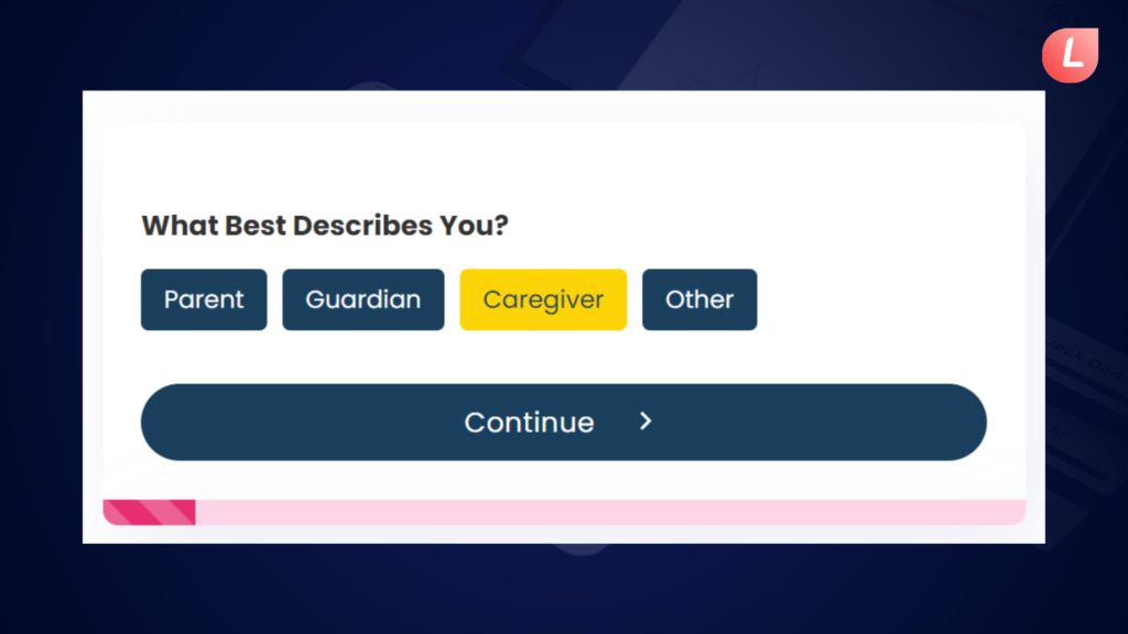 Interactive survey question interface asking users to select their role, with options including Parent, Guardian, Caregiver, and Other.