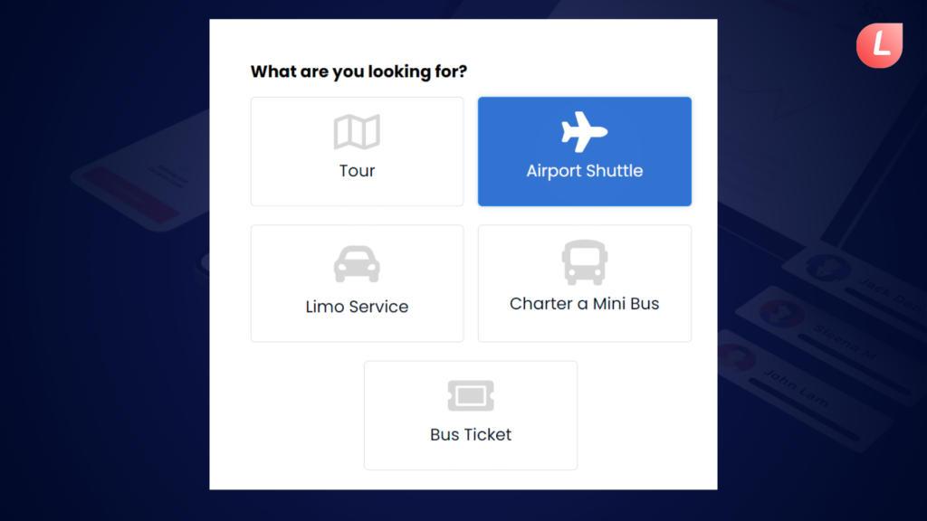 Interactive menu interface displaying service options, including Tour, Airport Shuttle, Limo Service, Charter a Mini Bus, and Bus Ticket, with Airport Shuttle highlighted.