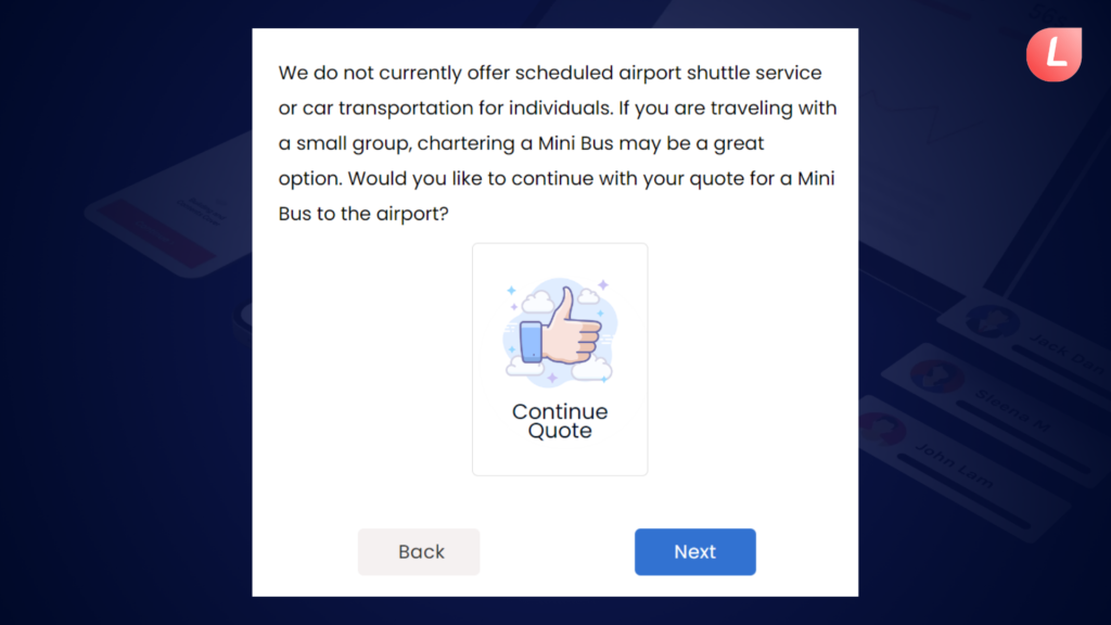 Features a 'Continue Quote' button with a thumbs-up icon and navigation buttons for 'Back' and 'Next'."