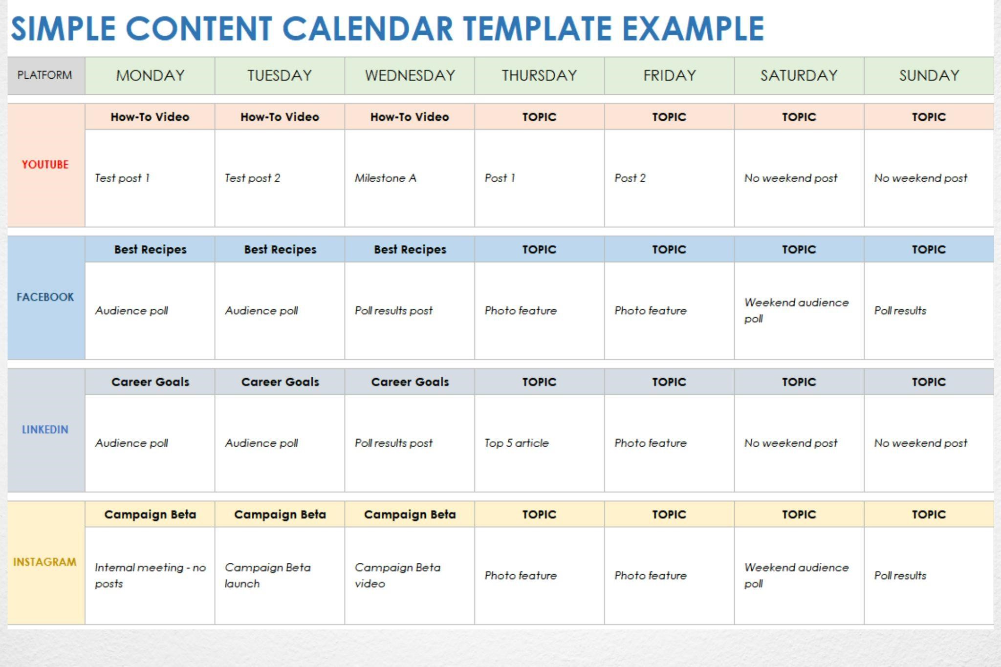 Simple Content Calendar Template Example